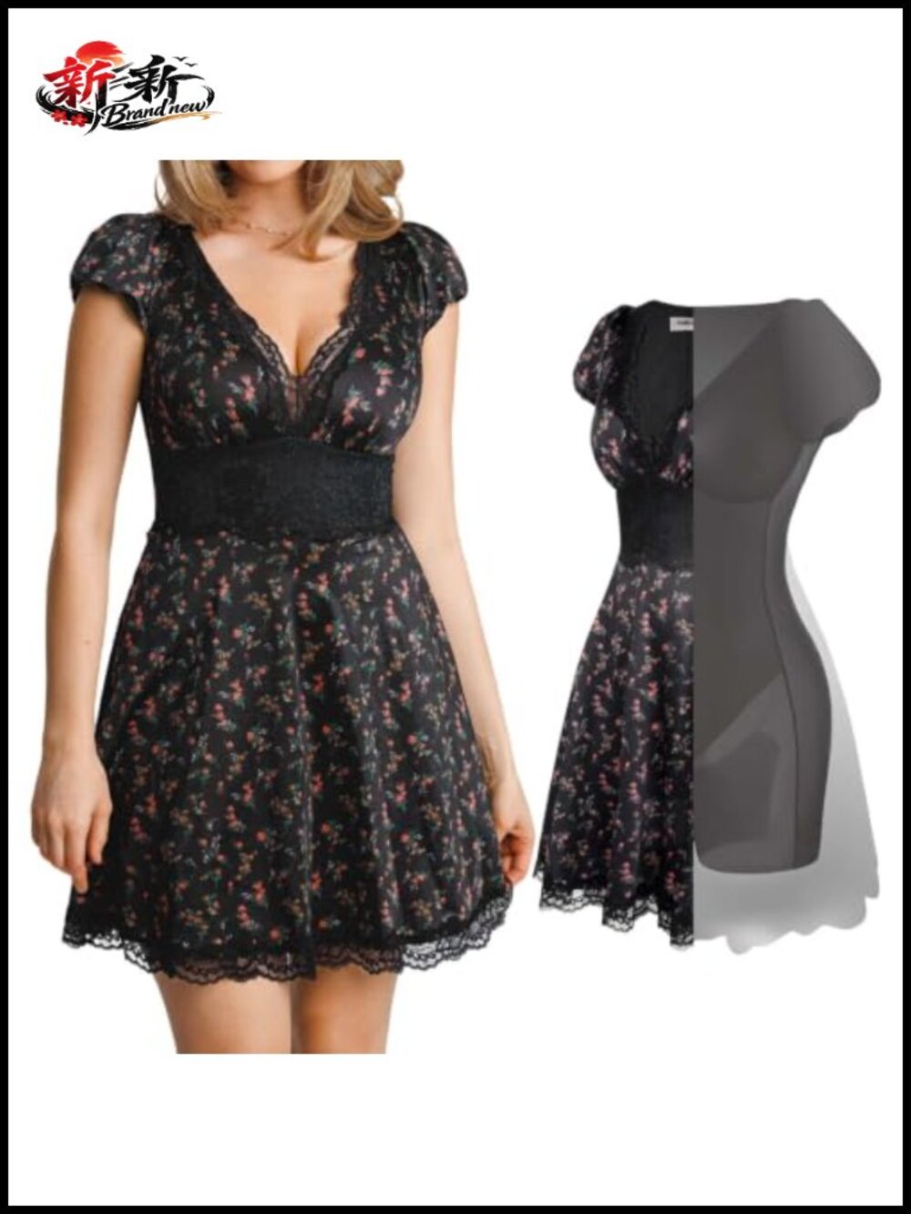 Lace Mini Dress A-Line V-Neck Short Sleeve Satin Shapewear Dress